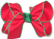 Medium Red with Green Moonstitch Double Layer Overlay Bow